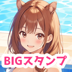 プールと水着のリスの女の子BIGスタンプ