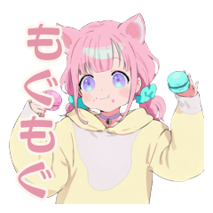 ふわふわピンクねこのおやつもぐもぐ