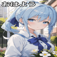 青髪決意の表情の風の日のポニーテール