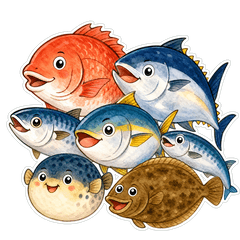 海のお魚・釣りライフ 絵本風スタンプ
