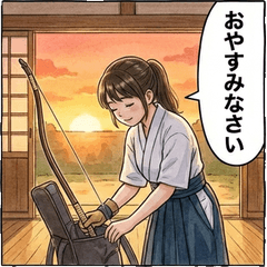 弓道女子と和菓子スタンプ 抹茶 的中！
