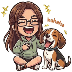 A girl glasses V2 and a beagle dog.