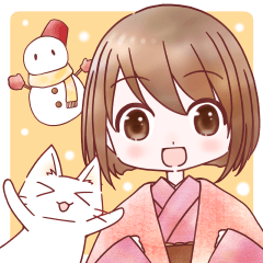 着物の女の子＋猫（冬）